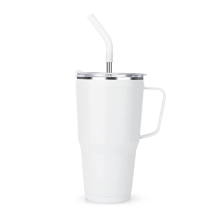 Termokrus med låg og rustfrit stål sugerør  - 880 ml - hvid